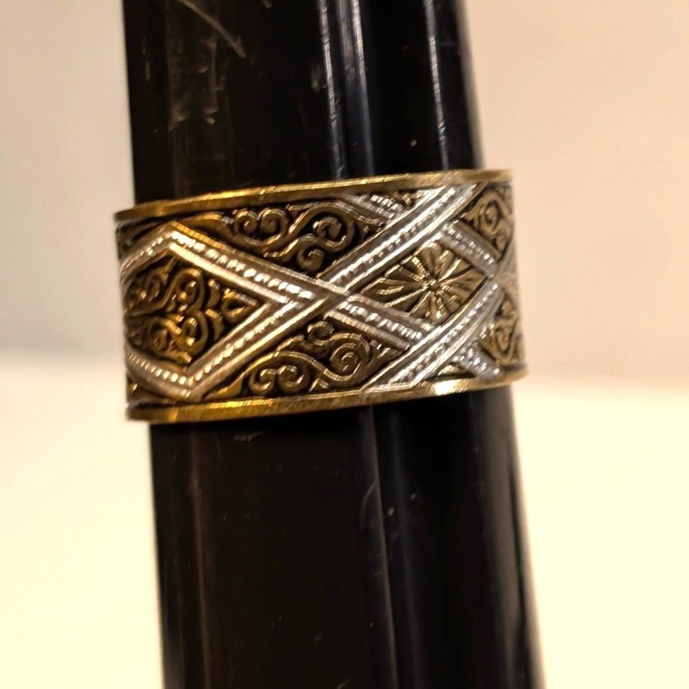 New Band Ring Open Size 9 Gold Silver Two Tone Vintage Ornate Scrollwork Wide